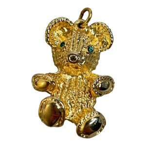 Vintage Teddy Bear Gold Tone Green Eyes Pendant